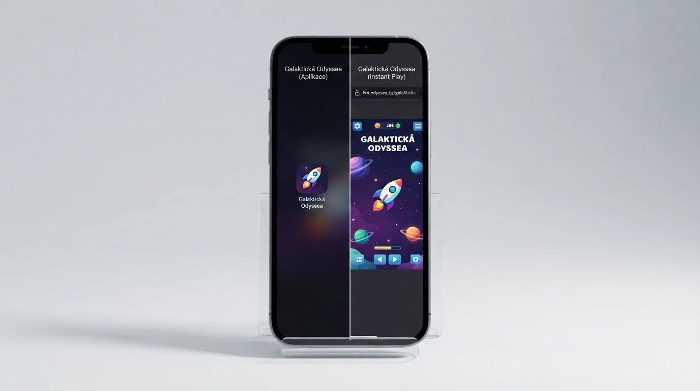 Displej telefonu rozdělený napůl — vlevo ikona nativní aplikace, vpravo ikona mobilního prohlížeče
