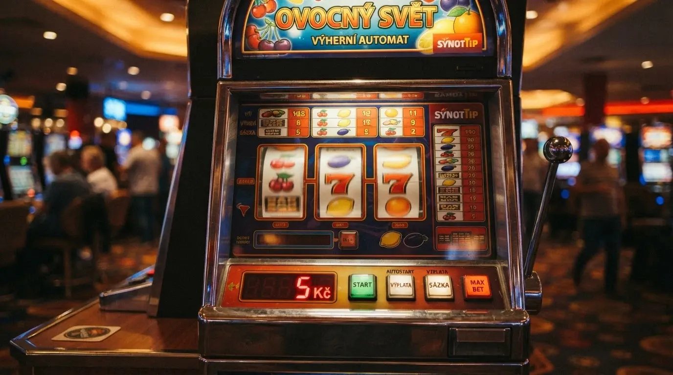 Výherní automat s barevnými válci a ukazatelem sázky 5 Kč na obrazovce