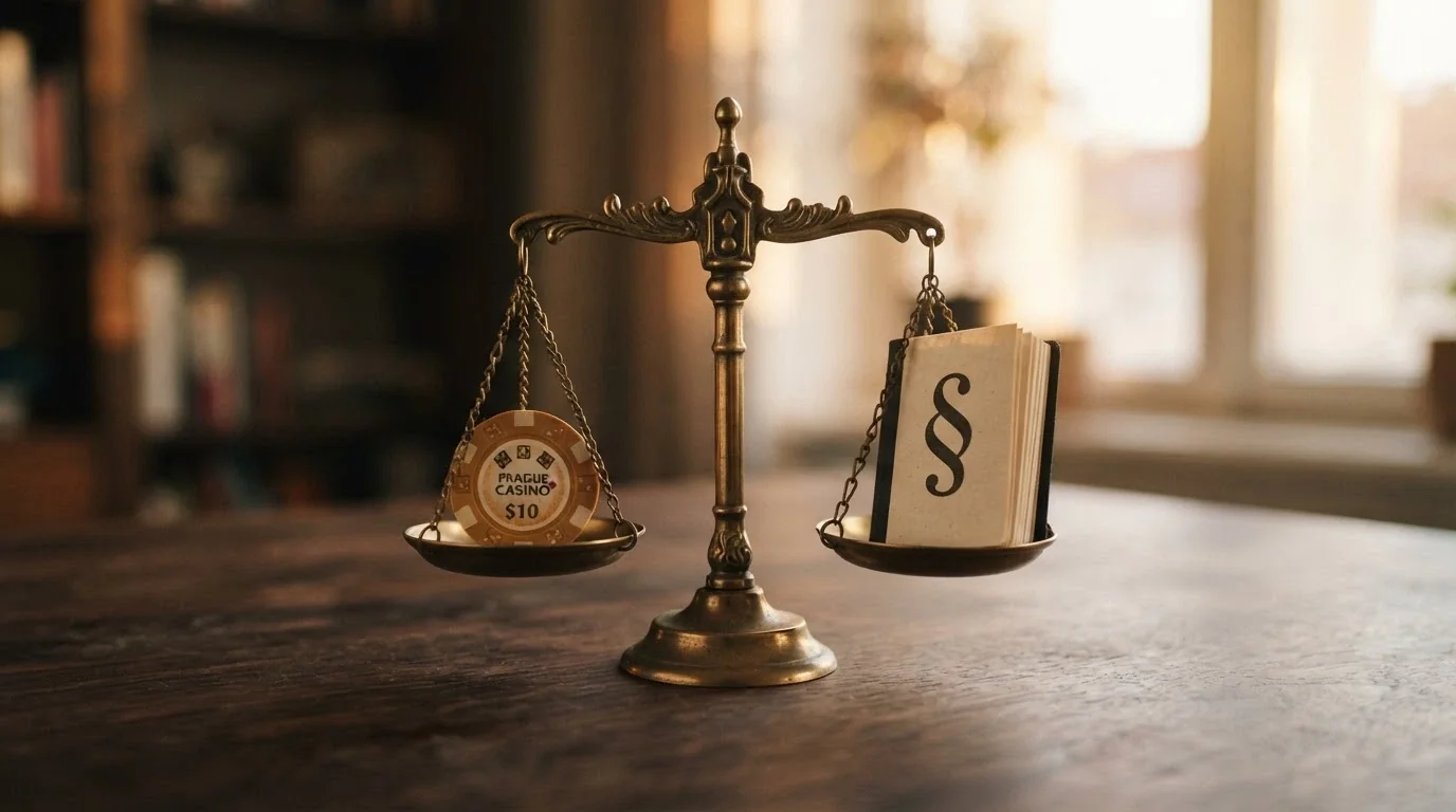 Vyvážené váhy s ikonou bitcoinu na jedné misce a českým paragrafem na druhé
