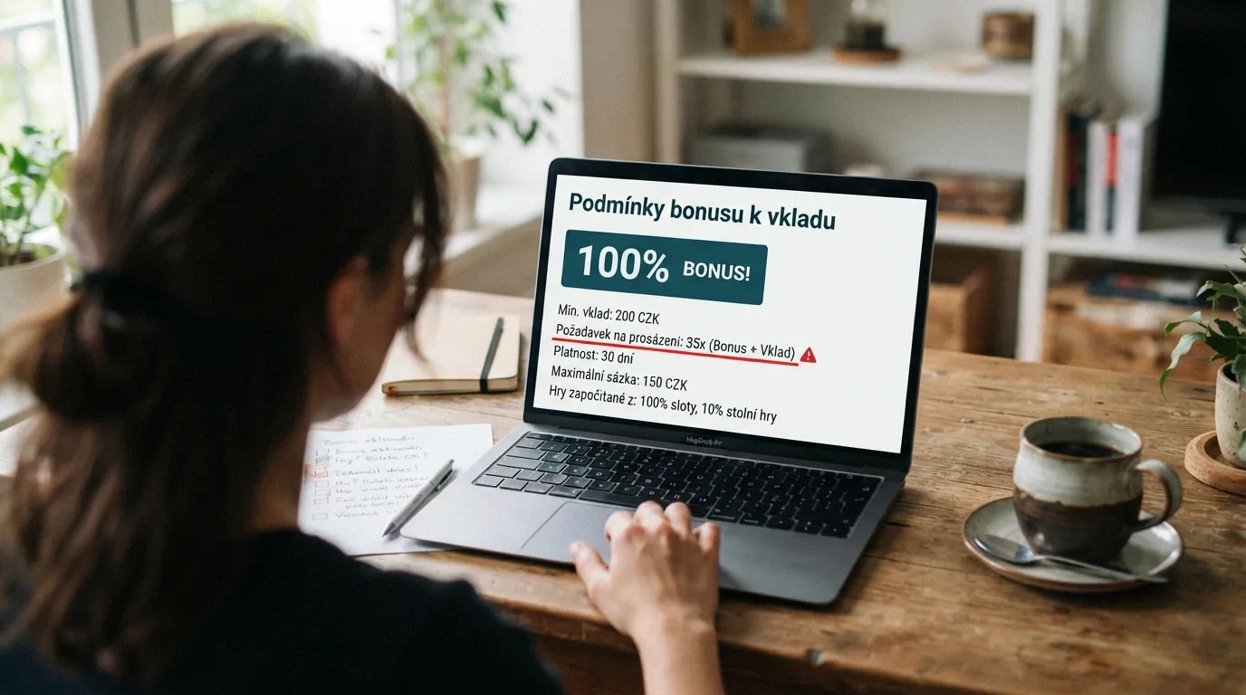 Detail uvítací bonusové nabídky na obrazovce notebooku s červeně zvýrazněnými podmínkami wageringu