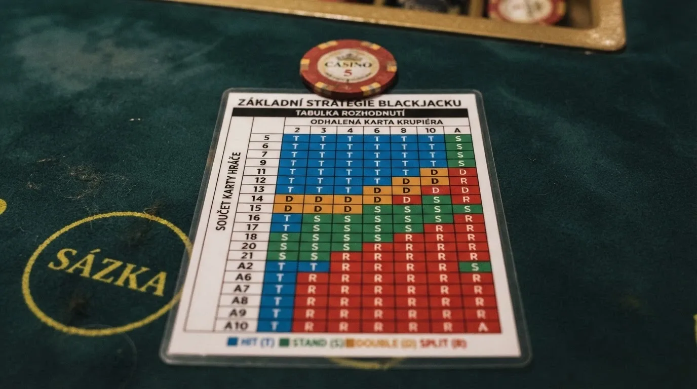 Karta základní blackjackové strategie s barevně označenými rozhodnutími Hit, Stand, Double a Split