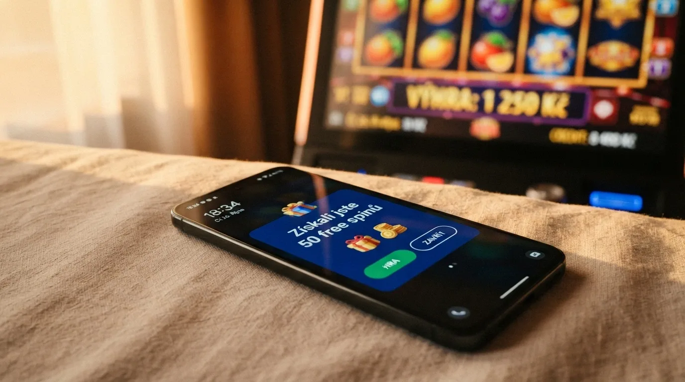 Mobilní telefon s notifikací „Získali jste 50 free spinů“, na pozadí roztočené válce automatu s viditelnou výhrou v korunách