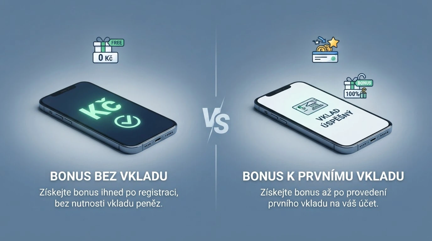 Infografika znázorňující rozdíl mezi bonusem bez vkladu a vkladovým bonusem