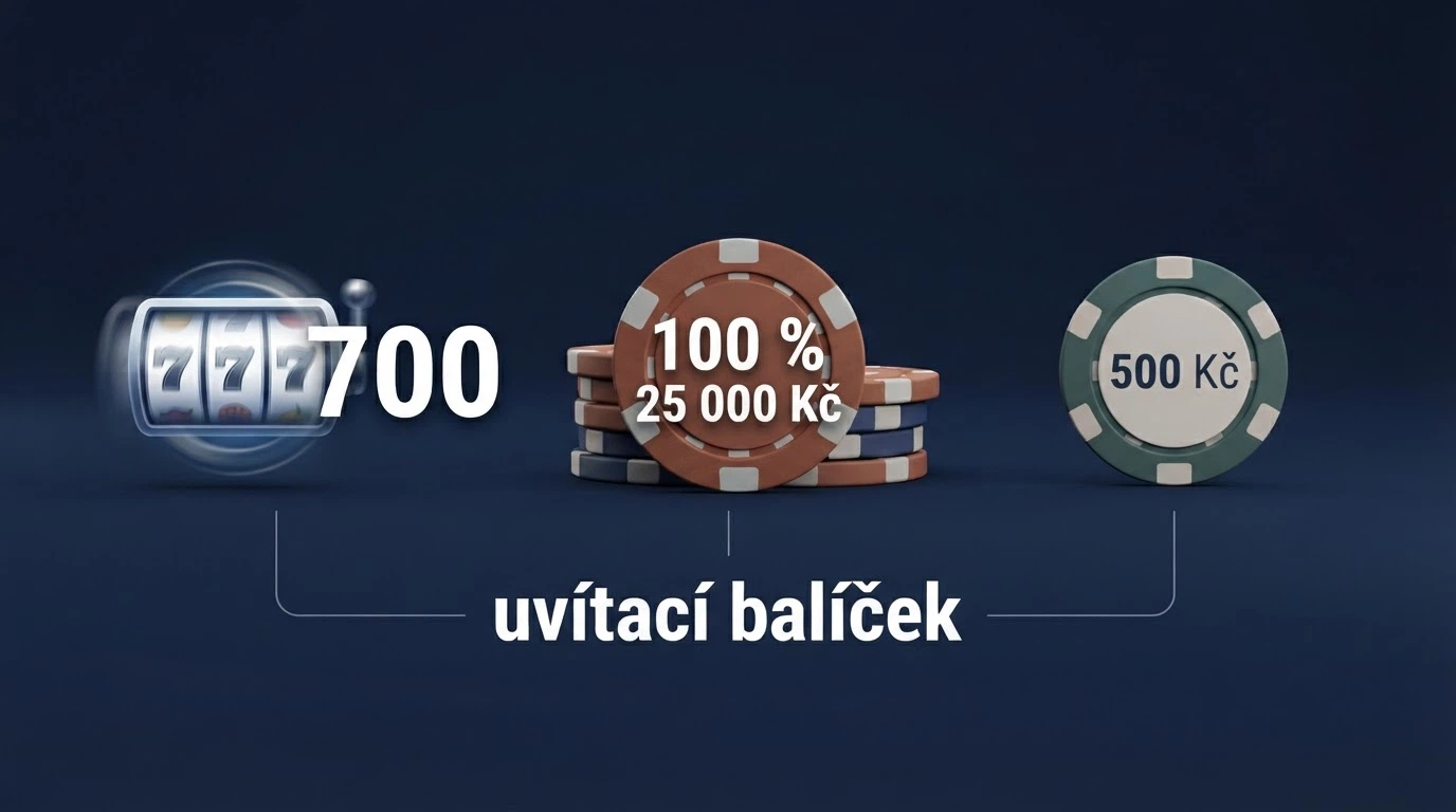 Koláčový graf nebo ikony znázorňující strukturu typického uvítacího balíčku: free spiny, matchový bonus, fixní částka