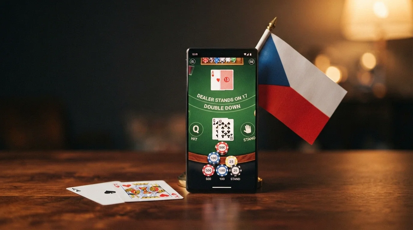 Koláž: karty, česká vlajka, mobilní telefon a obrazovka s živým blackjackovým stolem