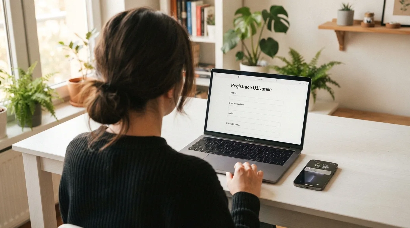 Registrační formulář českého online casina na monitoru, vedle něj mobil s notifikací o připsaném bonusu