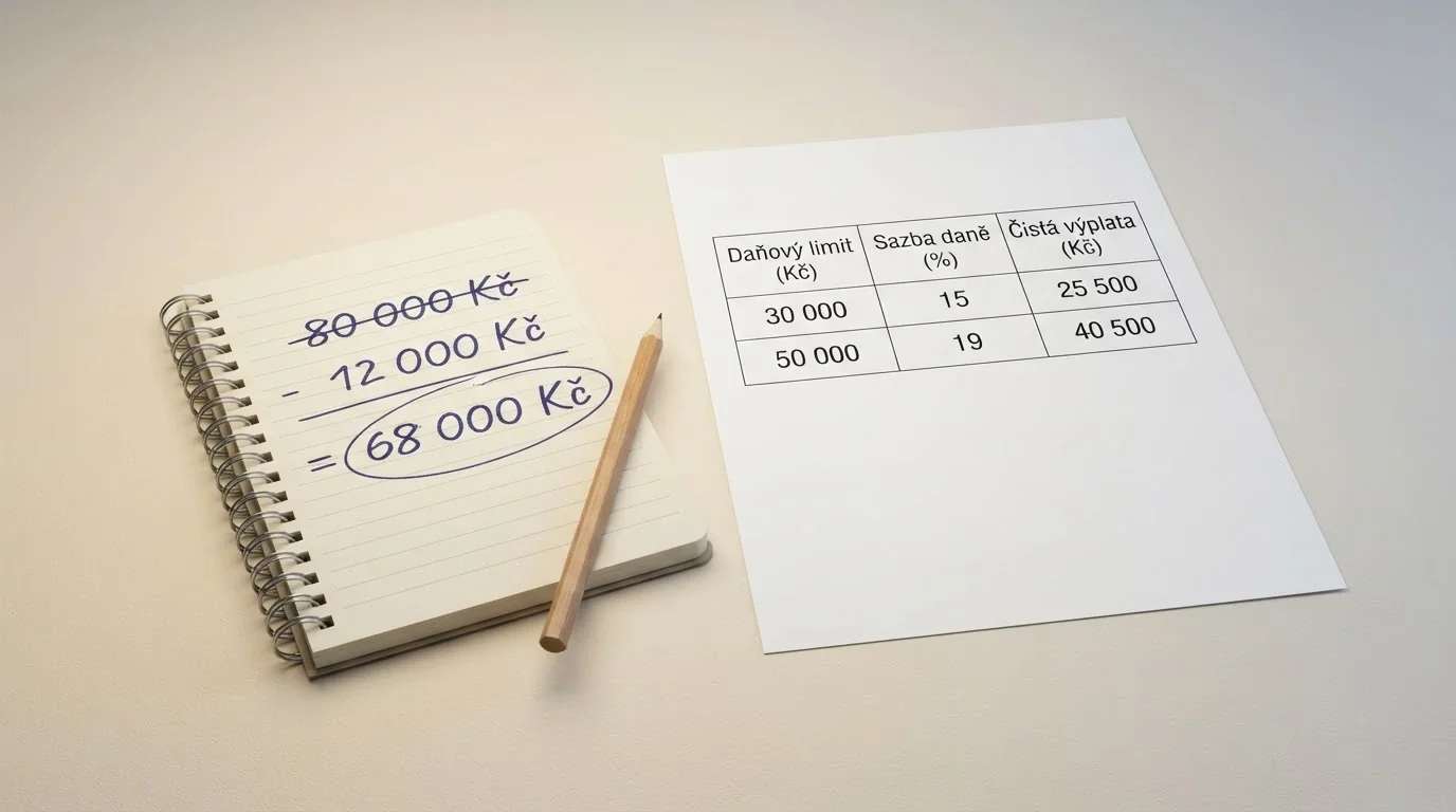 Kalkulačka nebo tabulka s modelovým výpočtem: výhra 80 000 Kč, daňový práh 50 000 Kč, 15% daň, výsledná čistá výhra.