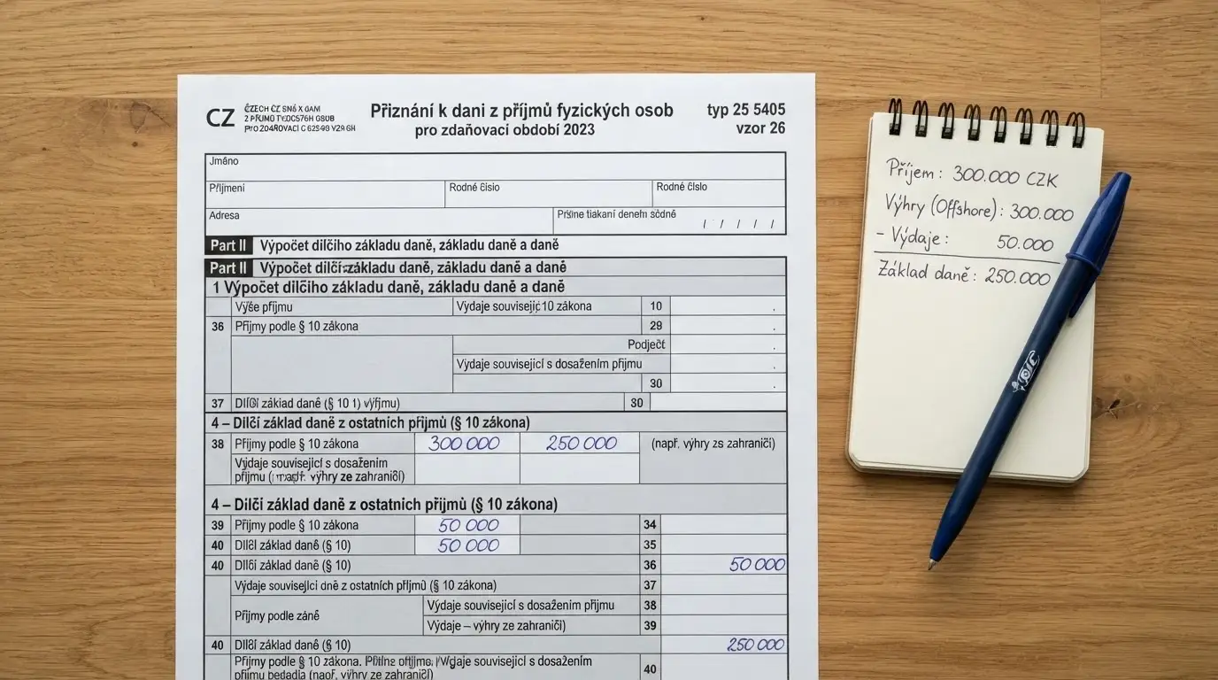 Daňové přiznání s kolonkou „ostatní příjmy“ a kalkulačkou vedle — ilustrace výpočtu 15% daně z výher