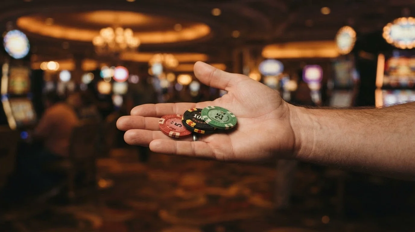 Ruka přijímající žetony zdarma z otevřené dlaně, v pozadí casino lobby