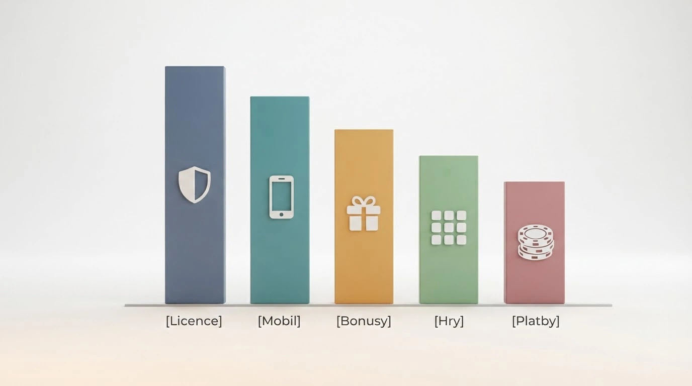 Stylizovaný scorecard s pěti hodnoticími kritérii překrývající pozadí s logy hodnocených casin