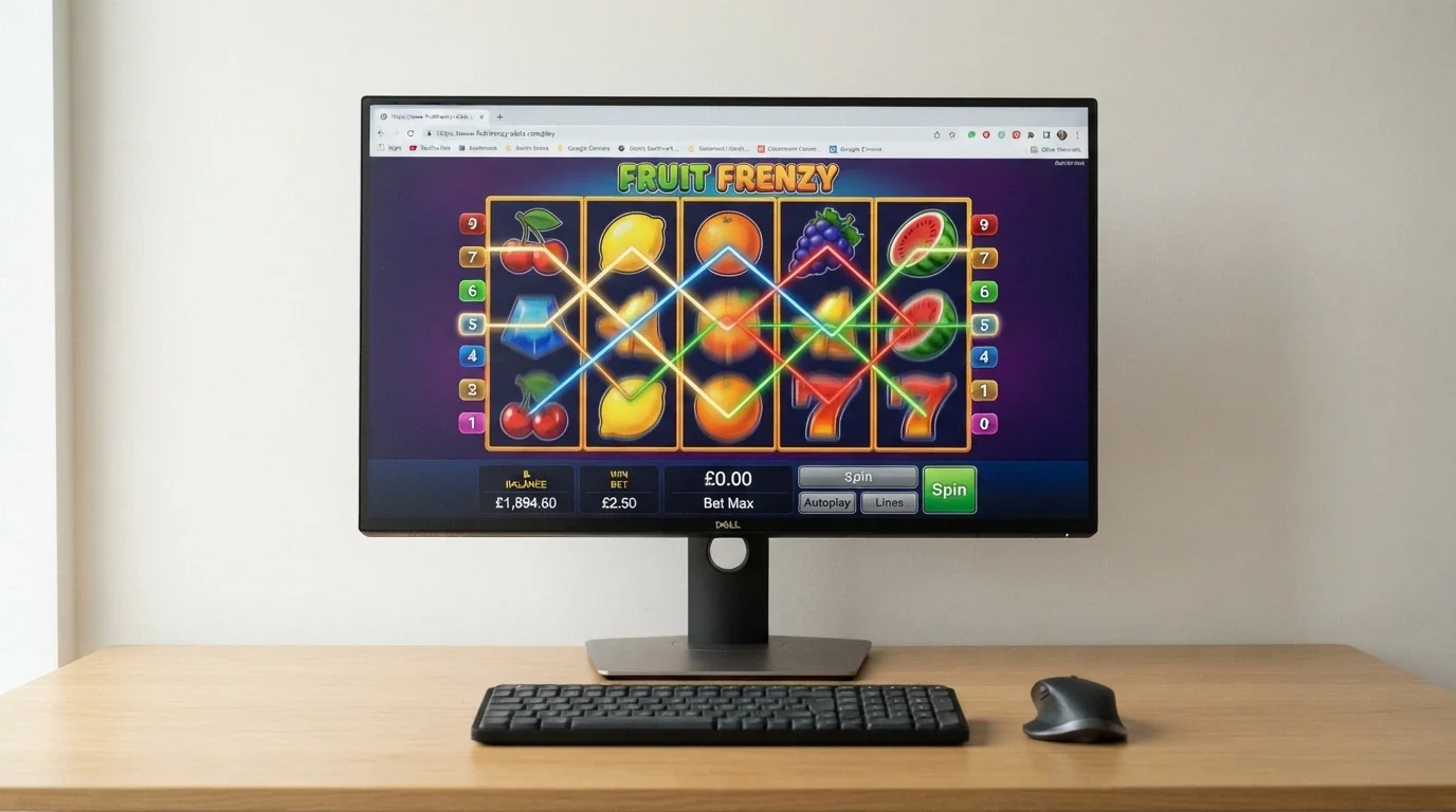 Rozhraní výherního automatu běžícího v prohlížeči Chrome na monitoru — bez instalace, bez pluginů