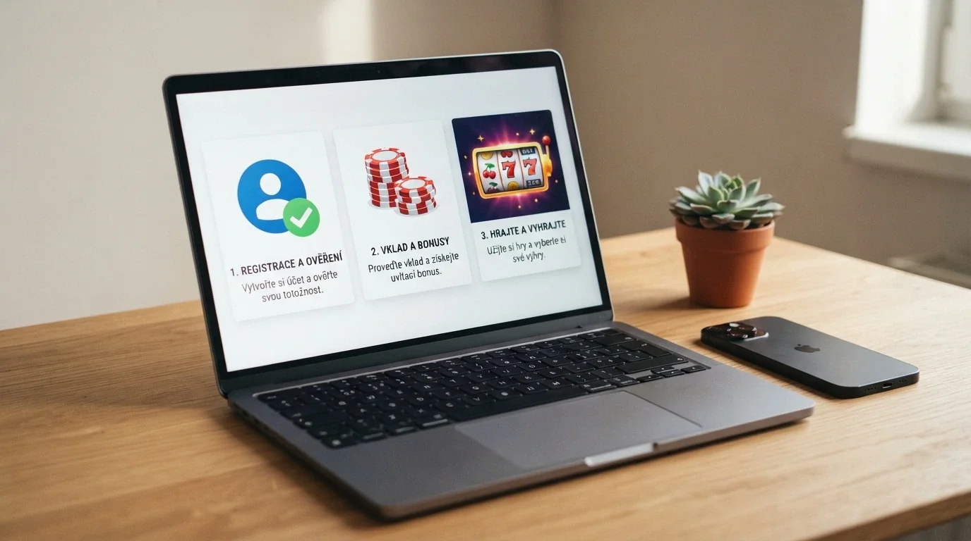 Tříkroková infografika na monitoru — registrace, vklad, aktivace bonusu — s českým casino rozhraním