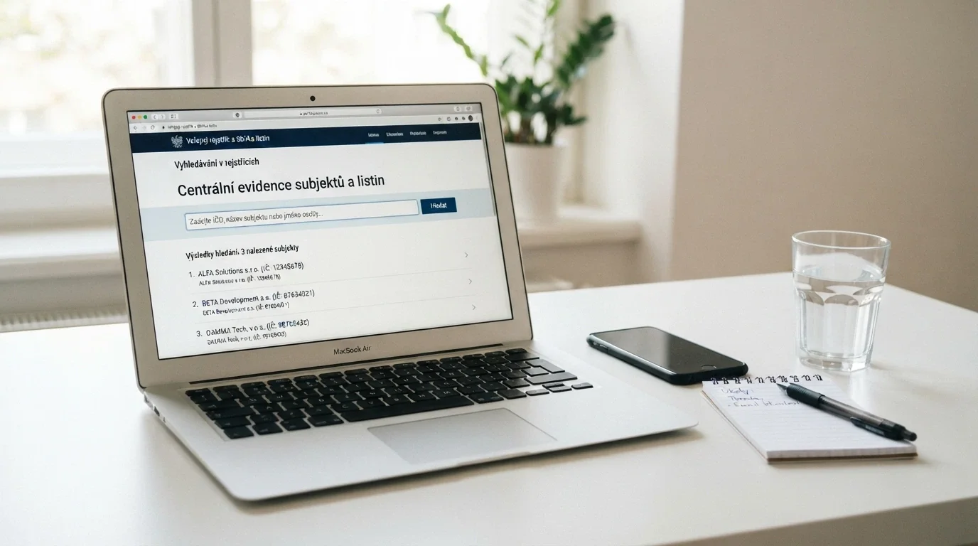 Obrazovka počítače s otevřeným online registrem Ministerstva financí ČR — vyhledávání licence konkrétního casina