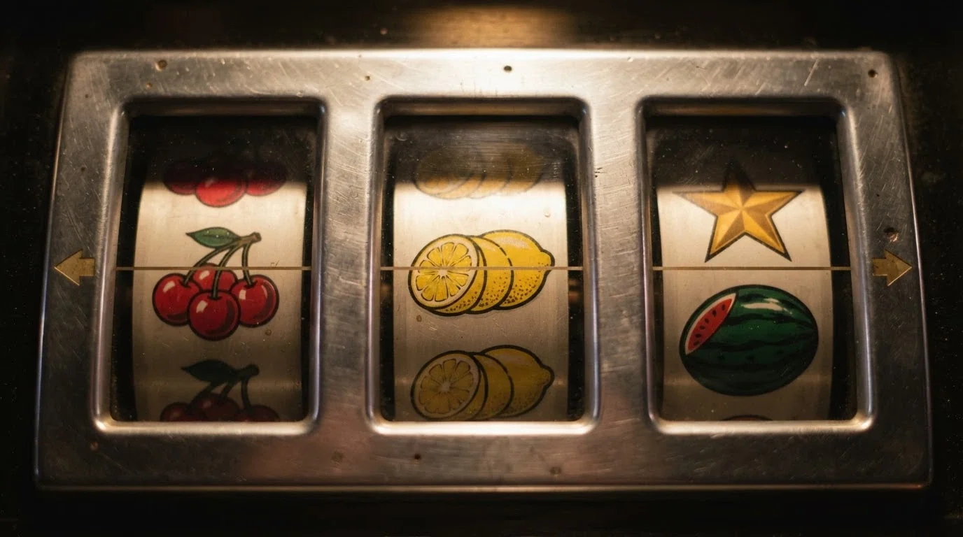 Tříválcový ovocný automat zblízka — třešně, citrony, melouny a hvězdy na mechanicky vyhlížejících válcích