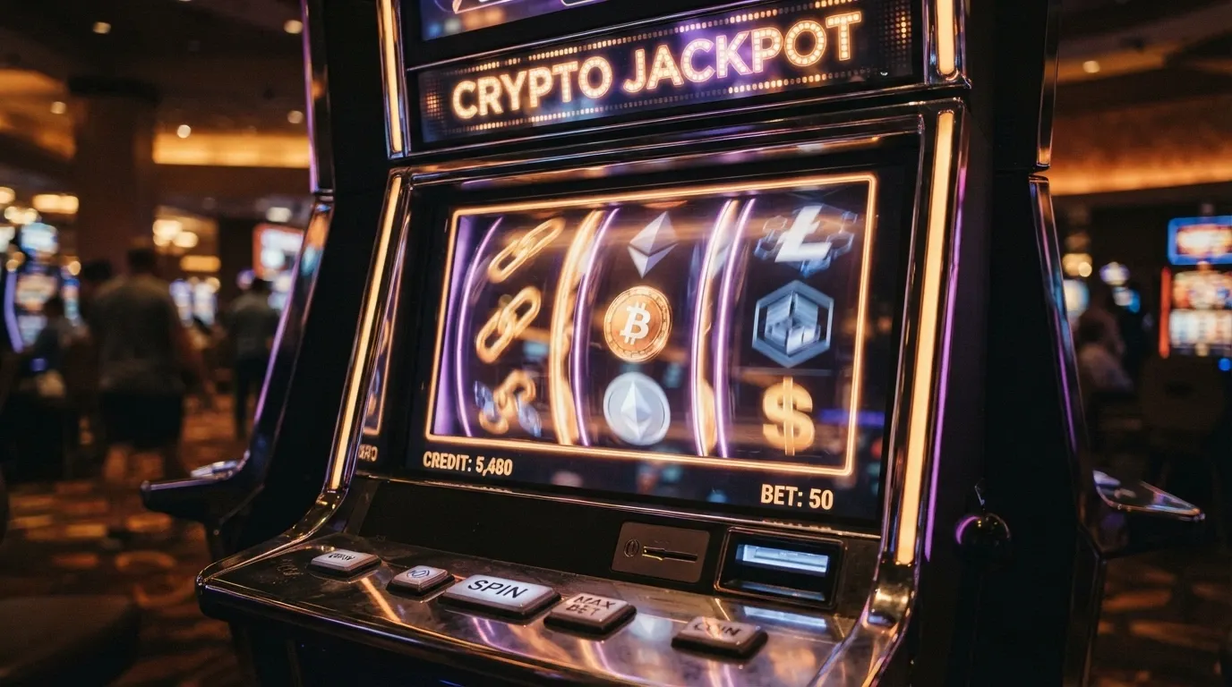 Herní automat s krypto tematikou, na displeji zvýrazněné číslo RTP 96 %