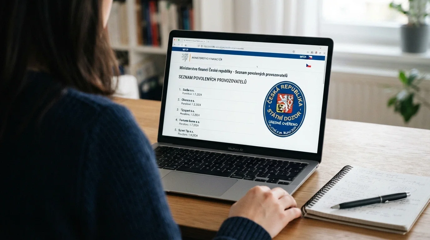 Česká licence Ministerstva financí na obrazovce s logem MF ČR a bezpečnostními ikonami