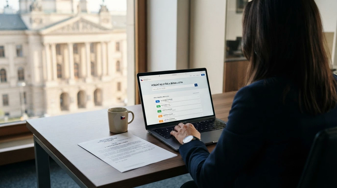 Úřední dokument s razítkem Ministerstva financí ČR, vedle něj výřez z online registru s nápisem „Seznam legálních provozovatelů“, na pozadí budova MF