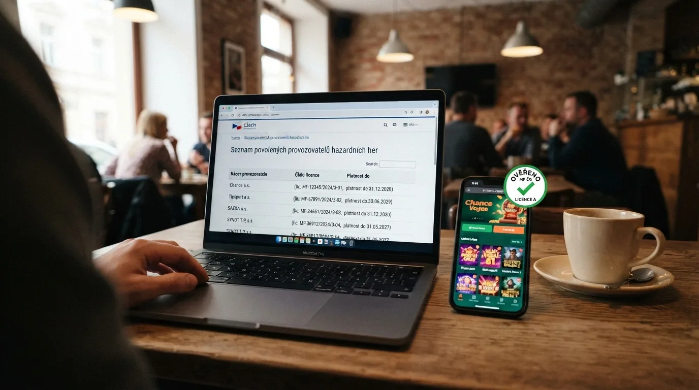 Výřez z veřejného registru MF ČR s názvem licencovaného provozovatele vedle mobilního telefonu