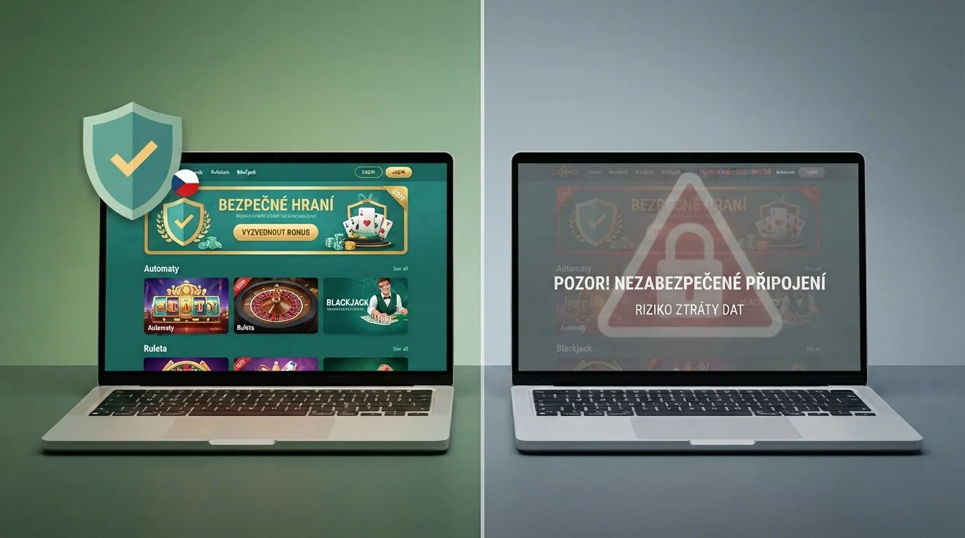 Rozdělená obrazovka: vlevo licencované casino s visačkou MF ČR a ikonami ochrany, vpravo nelegální web s varovným překryvem