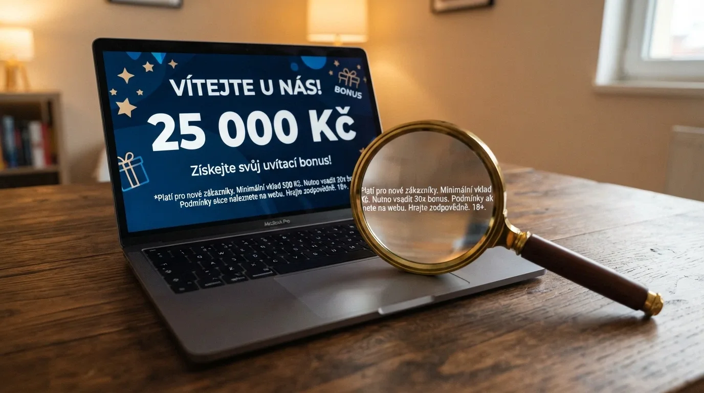 Obrazovka s uvítací nabídkou kasina, vedle ní lupa nad drobným písmem podmínek
