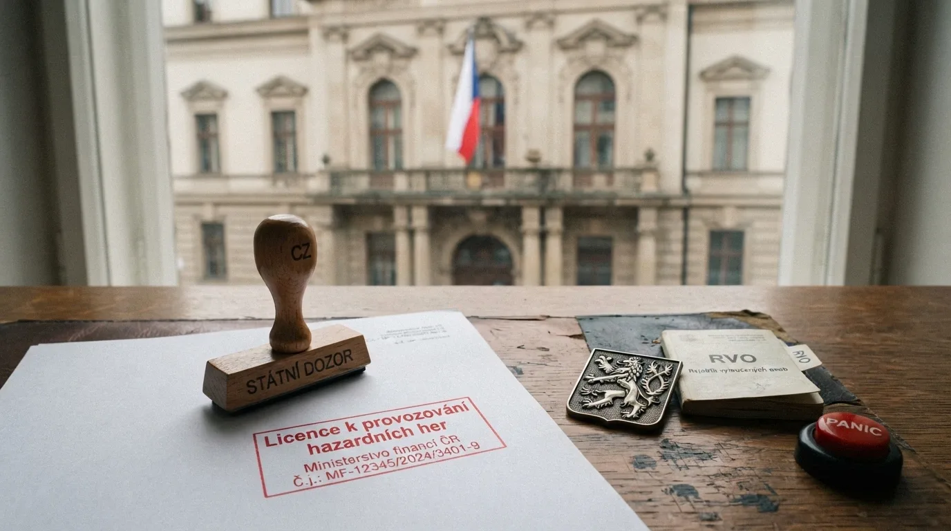 Budova Ministerstva financí ČR s vlajkou, vedle razítko s textem „Licence k provozování hazardních her“ a symboly ochrany hráče (štít, registr, tlačítko panic)