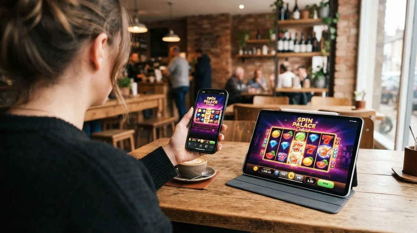 Ruka držící telefon s roztočeným automatem, vedle něj tablet se stejnou hrou – obě zařízení v kavárenském prostředí