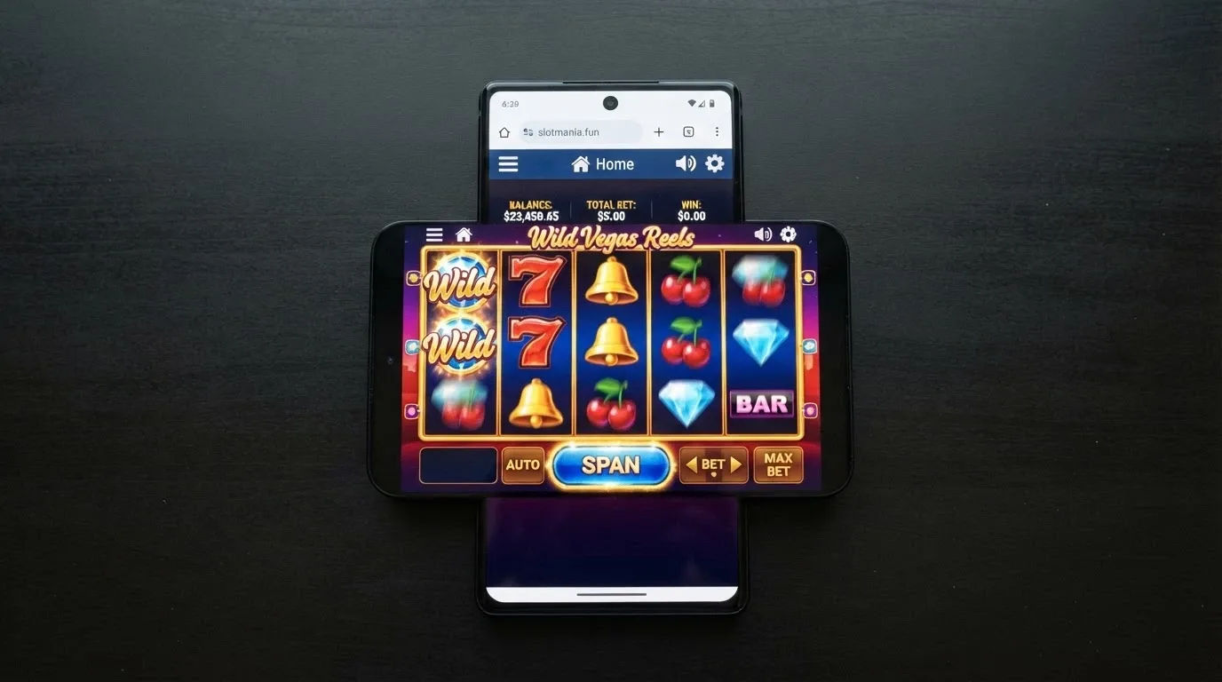 Hrací automat zobrazený na displeji chytrého telefonu v mobilním prohlížeči