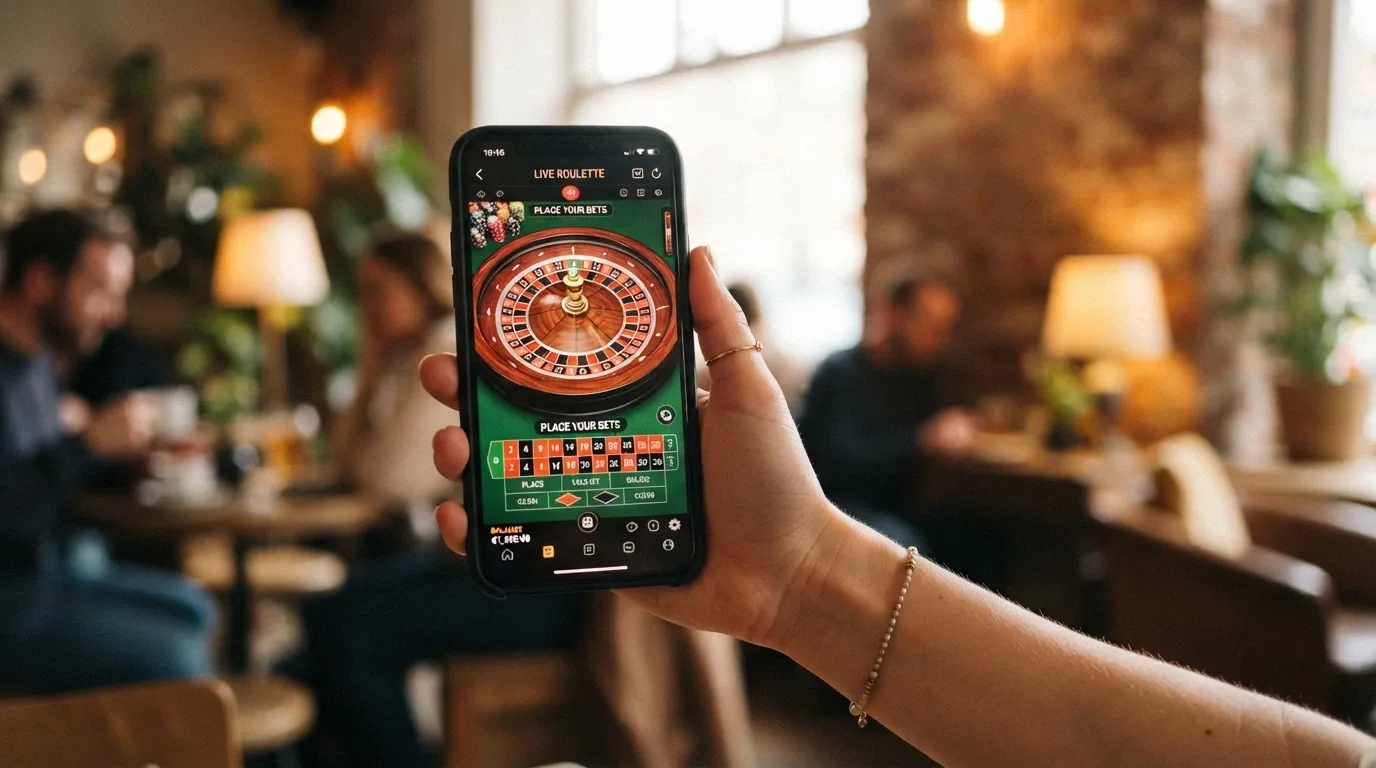 Mobilní telefon s otevřeným bitcoinovým kasinem v prohlížeči, vedle něj live ruleta