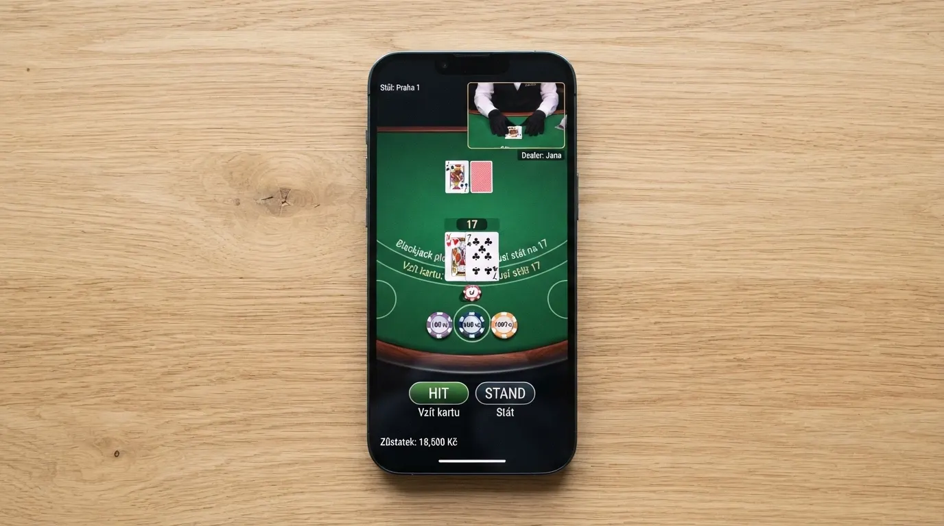 Displej mobilního telefonu s rozhraním živé blackjackové hry a viditelnými ovládacími tlačítky