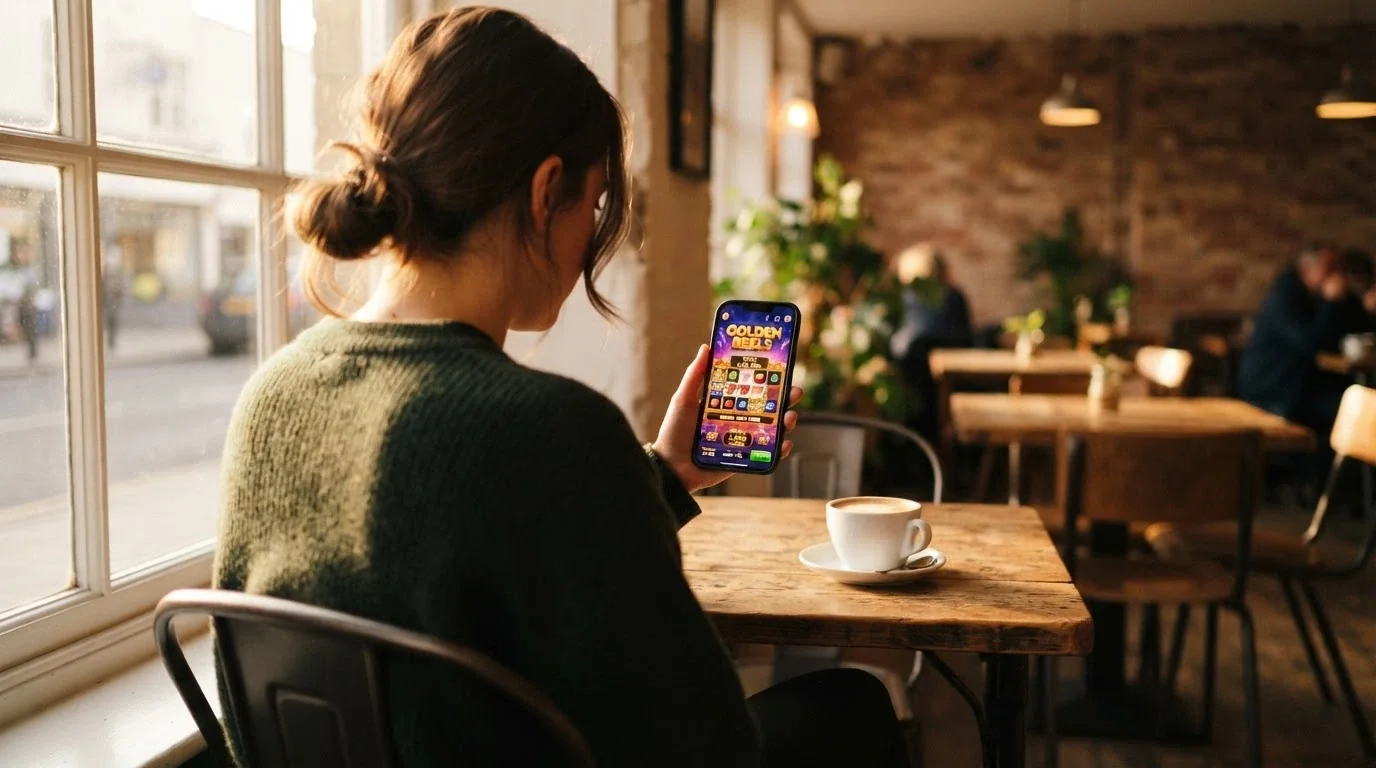 Hráč sedící v kavárně s mobilem v ruce, na displeji kasino, výraz soustředěné spokojenosti
