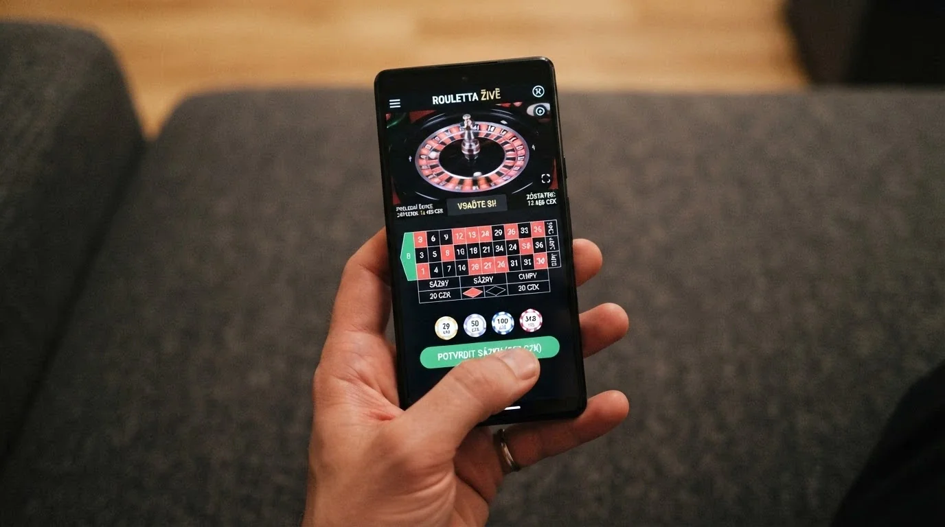 Chytrý telefon s otevřenou live ruletou na šířku, palec hráče nad tlačítkem pro potvrzení sázky