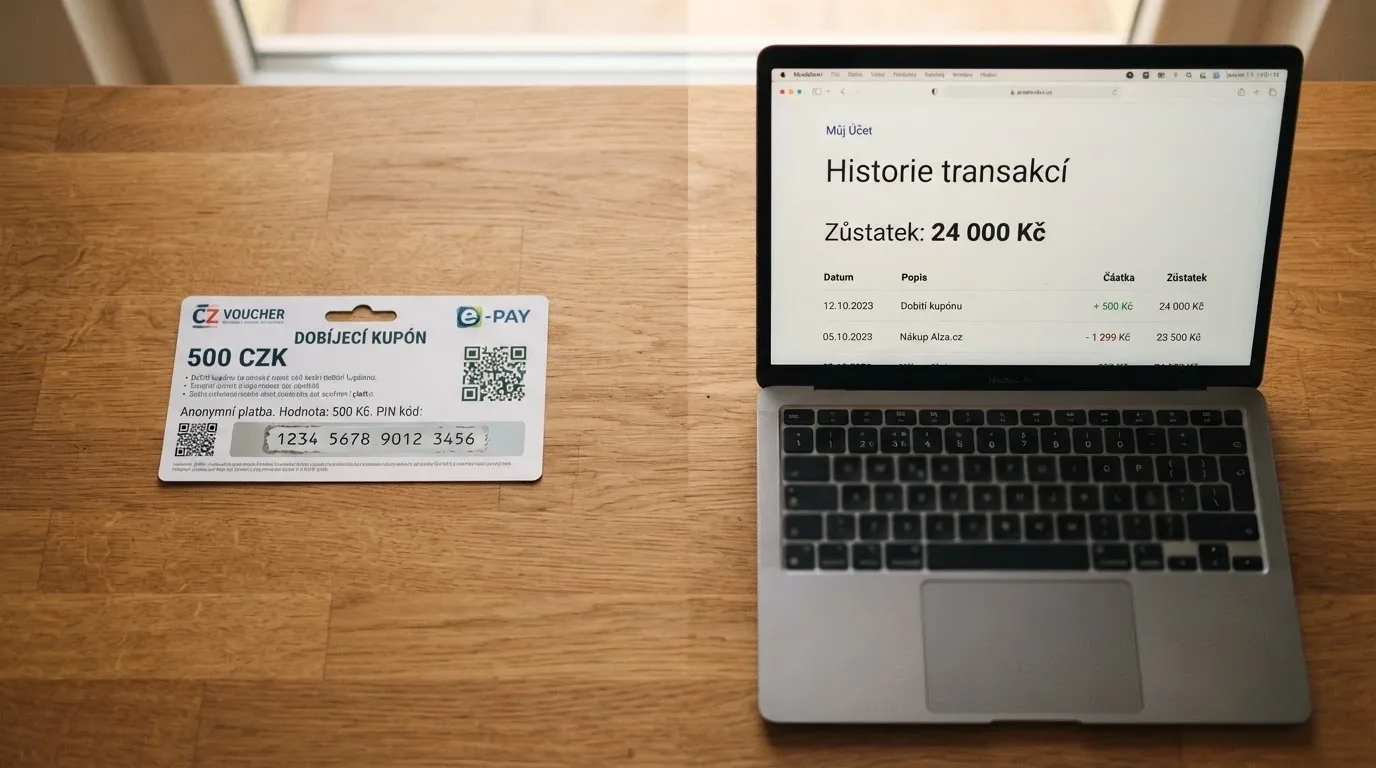 Rozcestník: vlevo papírový Paysafecard kupon, vpravo obrazovka MyPaysafe účtu s historií transakcí