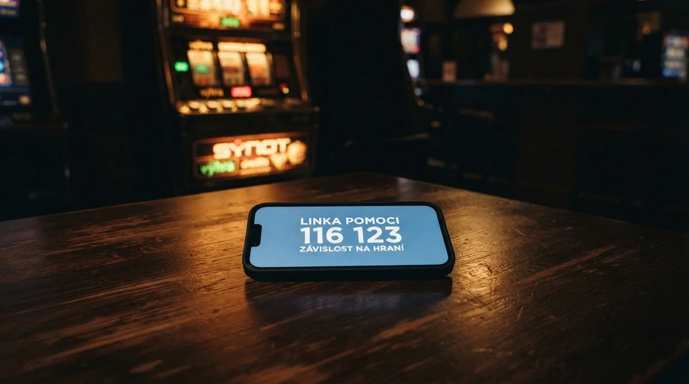 Telefon s vytočenou linkou pomoci a vizitkou Národní linky pro odvykání na pozadí herního automatu