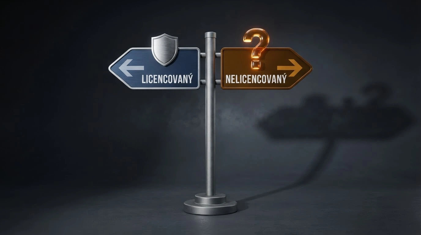 Rozcestník se dvěma směry — vlevo logo MF ČR a symbol štítu, vpravo otazník a nápis „bez licence“ na tmavém pozadí