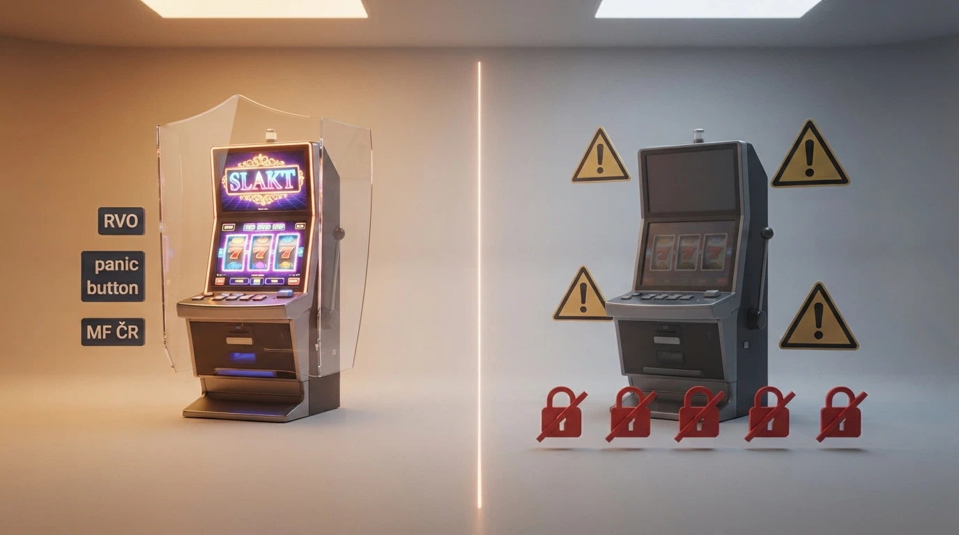 Rozpůlený obraz — vlevo české casino pod štítem s nápisy RVO, panic button, MF ČR; vpravo šedá zóna s varovnými symboly a přeškrtnutými ochranami