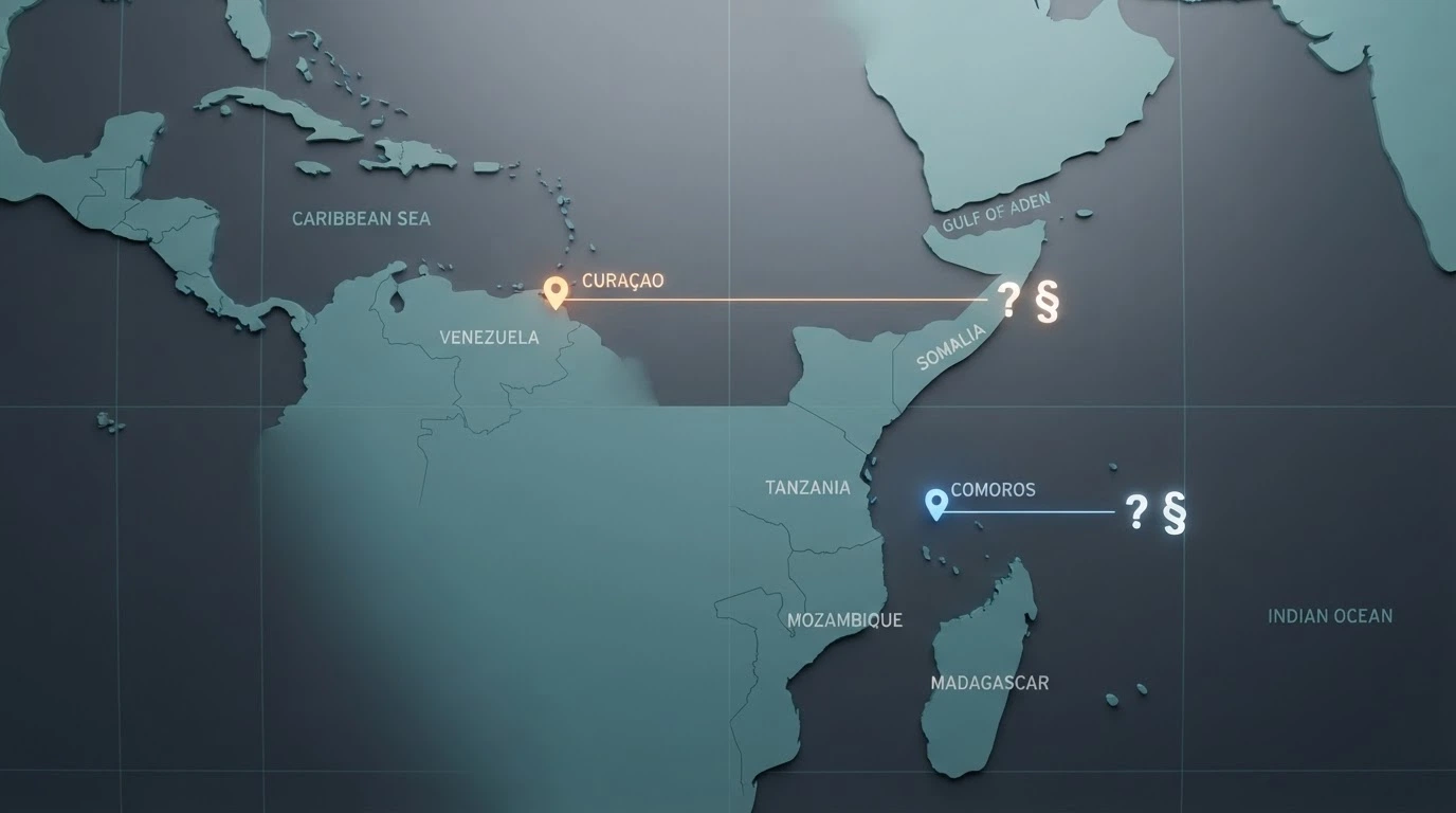 Mapa s vyznačením Curaçaa a Anjouanu, vedle ikona paragrafu s otazníkem