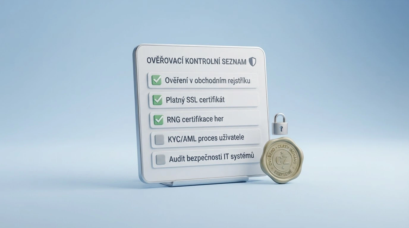 Kontrolní seznam na obrazovce — MF ČR registr, visací zámek SSL, razítko certifikace