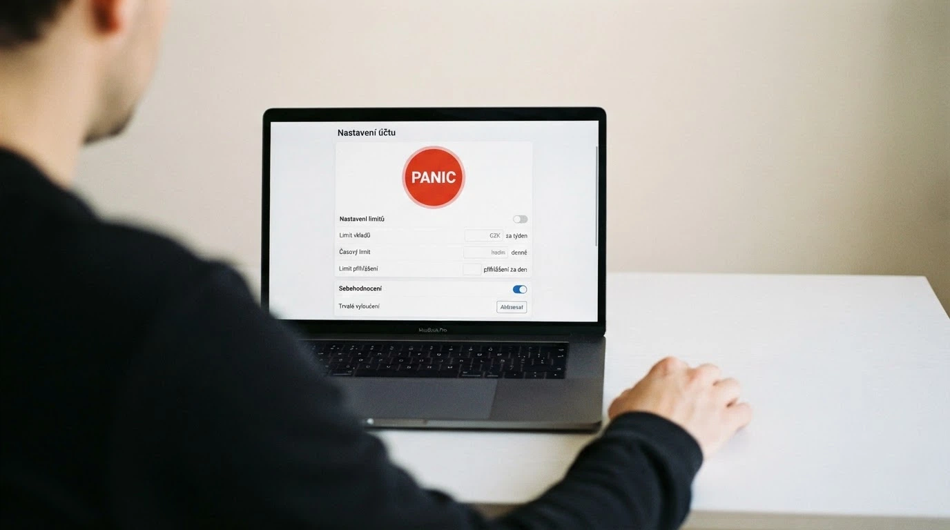Obrazovka uživatelského konta s tlačítkem panic button a přehledem sebeomezujících opatření