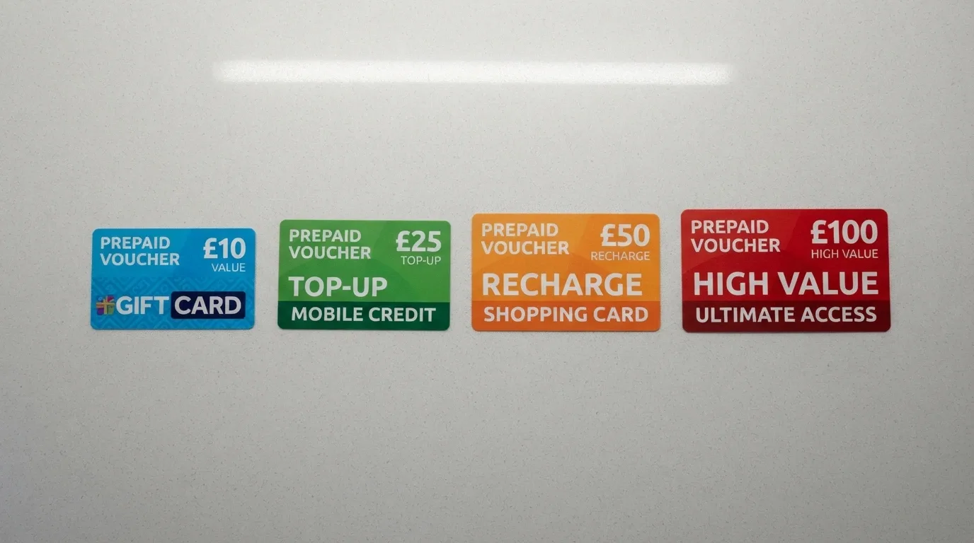 Čtyři Paysafecard kupony v hodnotách 200, 500, 1 200 a 2 500 Kč vedle sebe
