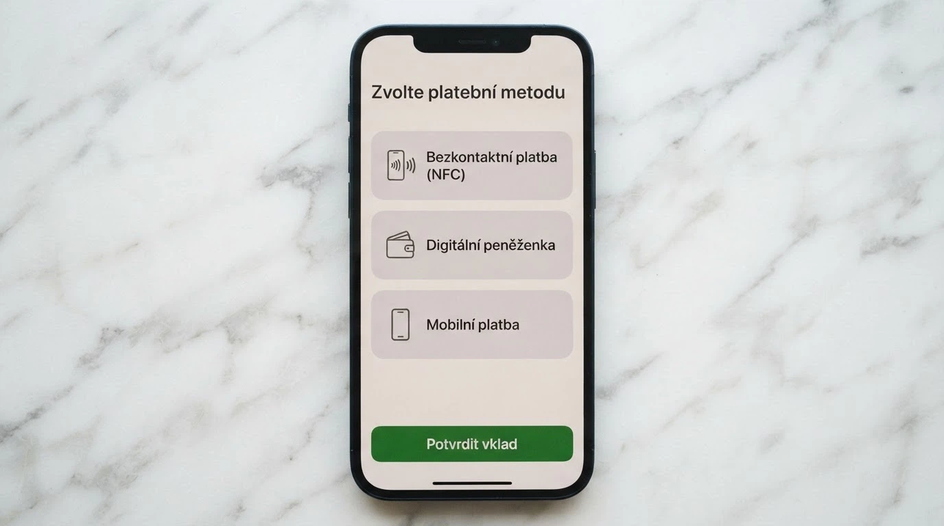 Mobilní telefon s otevřenou stránkou výběru platební metody — Google Pay, Skrill a AirCash vedle sebe