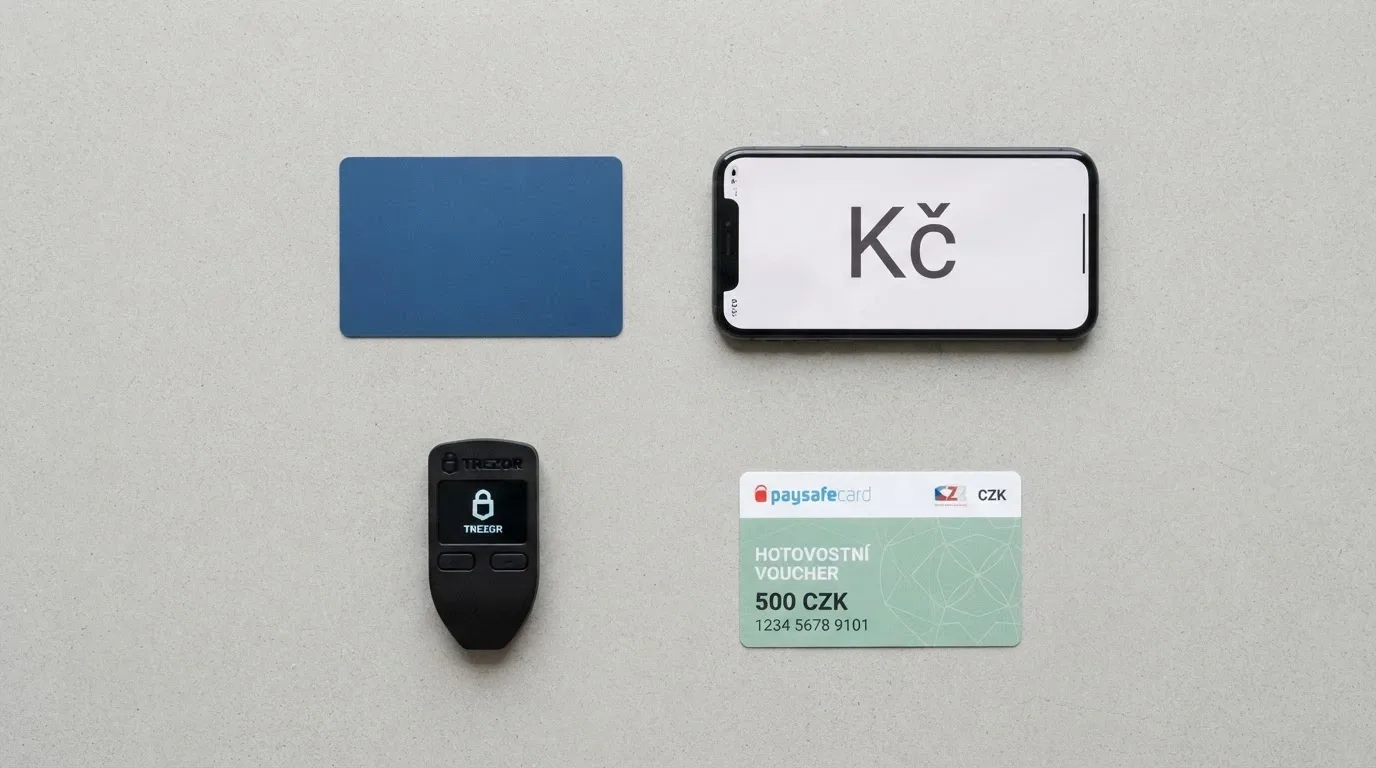 Mozaika platebních metod — karta, telefon, krypto peněženka, paysafecard — každá s jinou úrovní anonymity