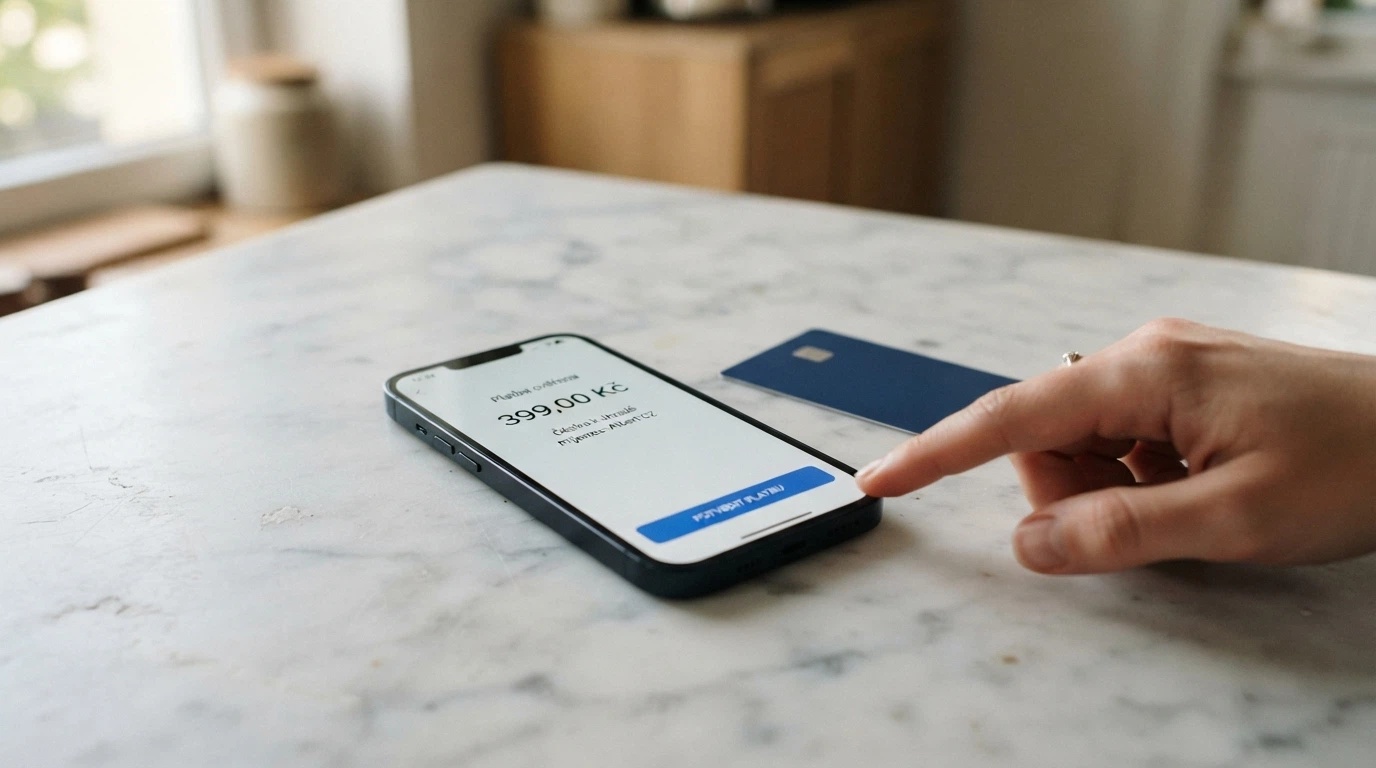 Mobilní telefon s otevřenou platební aplikací a loga Skrill, Paysafecard a GoPay