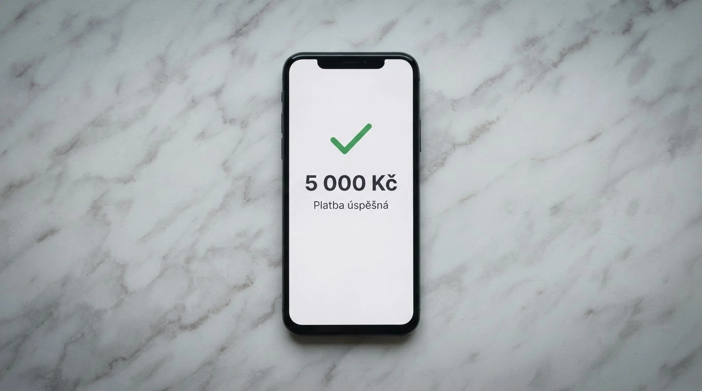 Mobilní telefon s otevřenou aplikací Skrill, na obrazovce potvrzení okamžitého výběru