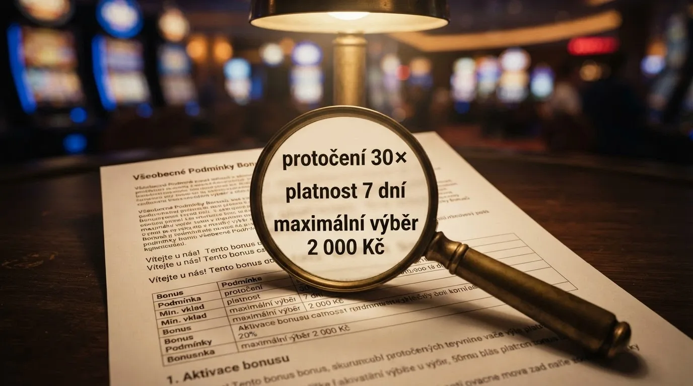 Detail casino bonusových podmínek — lupa nad textem „wagering 30×, platnost 7 dní, maximální výběr 2 000 Kč“, v pozadí rozmazané automaty