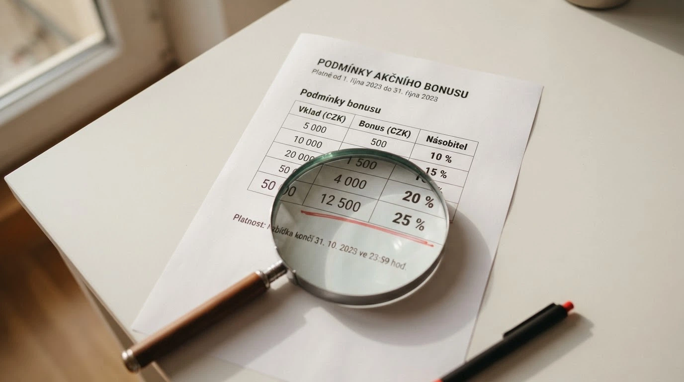 Detail bonusových podmínek — lupa nad wageringovým násobkem a datem expirace