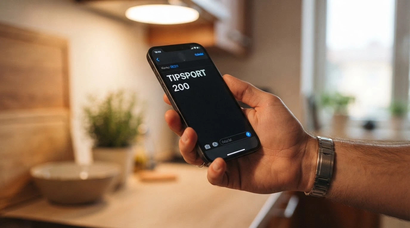 Displej telefonu s rozepsanou SMS zprávou ve tvaru TIPSPORT 200 na číslo 90211