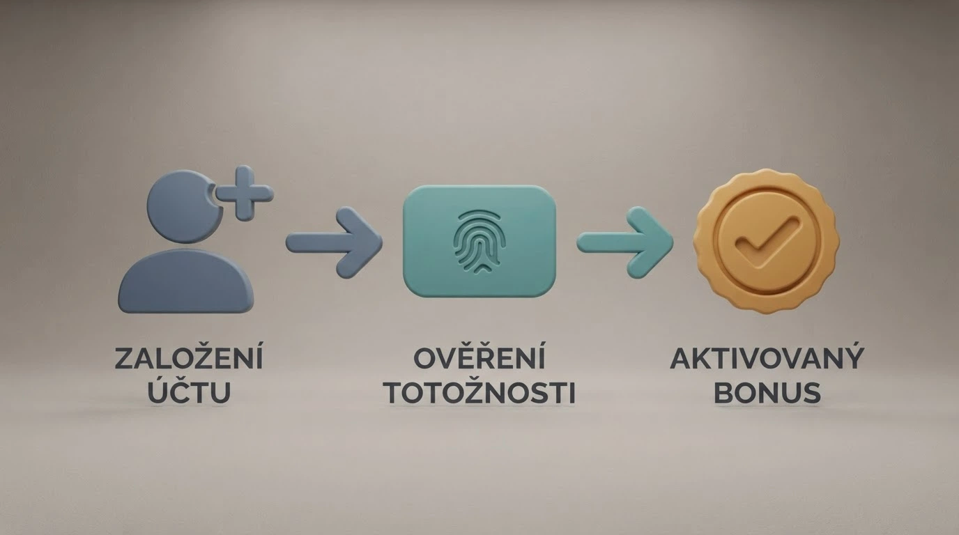 Tříkroková infografika: ikona účtu, ikona BankID a ikona aktivovaného bonusu, propojené šipkami.