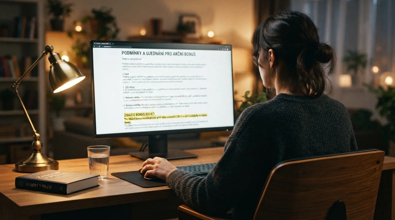 Hráč si čte podmínky bonusu na monitoru, ruka nad myší — okamžik rozhodnutí, jestli registraci dokončí.