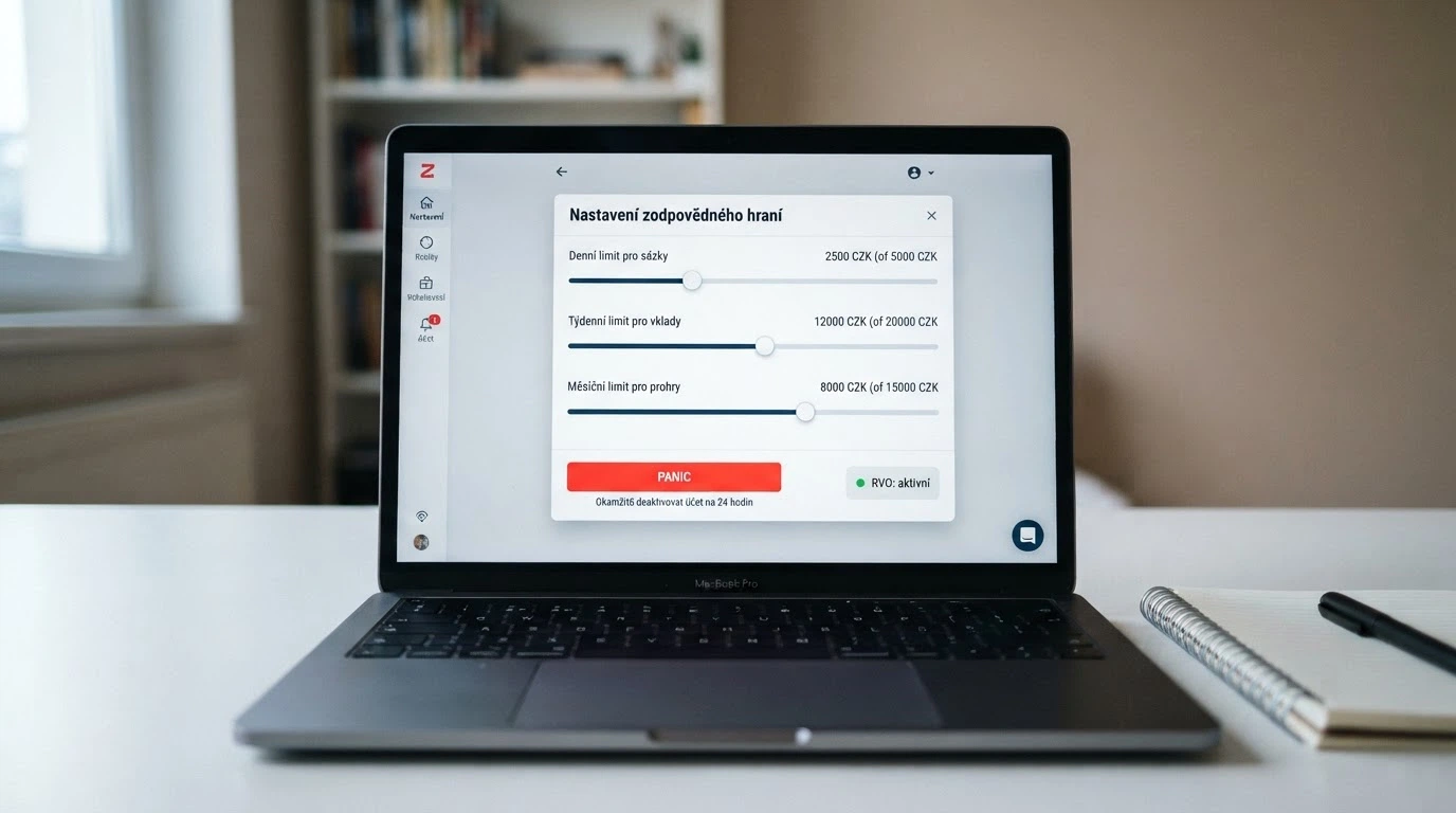 Rozhraní uživatelského konta s panelem sebeomezujících opatření — posuvníky pro denní, týdenní a měsíční limity, tlačítko panic button, indikátor zápisu v RVO