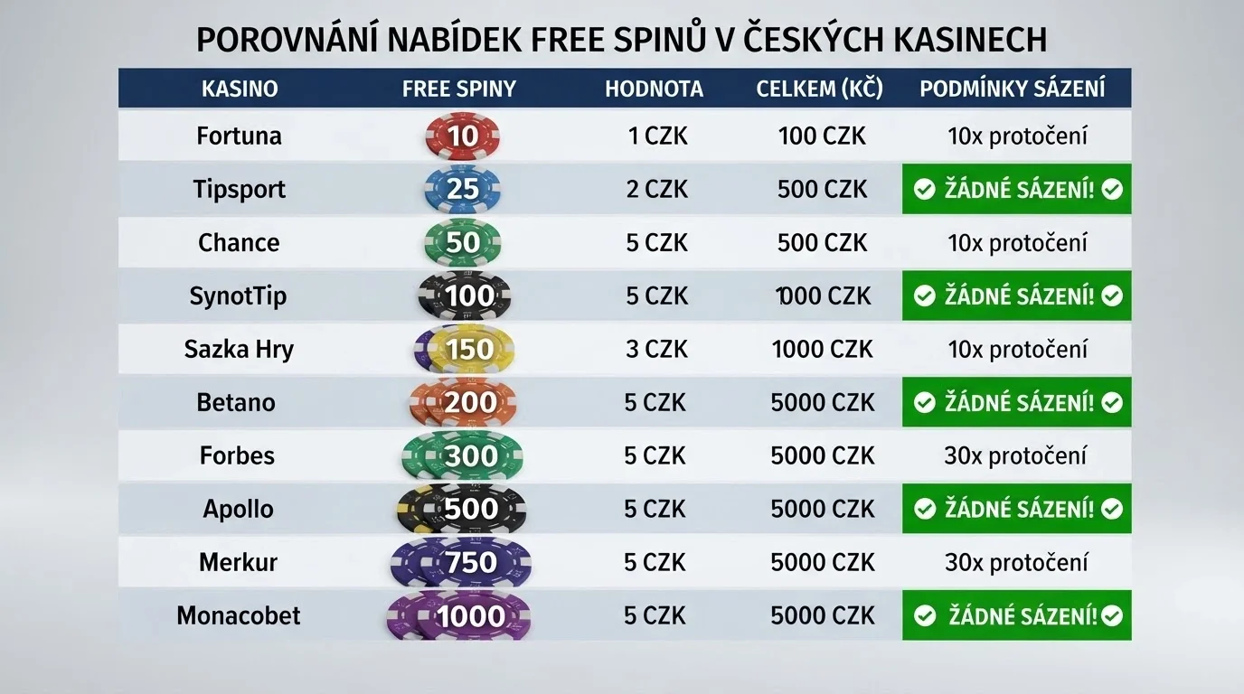 Srovnávací tabulka českých online casin s barevně odlišenými řádky podle počtu free spinů — zvýrazněné sloupce s nulovým protočením